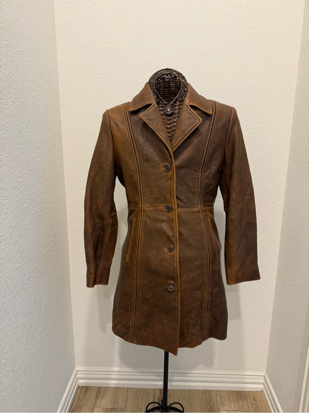 VTG 90s Distressed Brown Leather Trench Coat Jacket | Women’s S